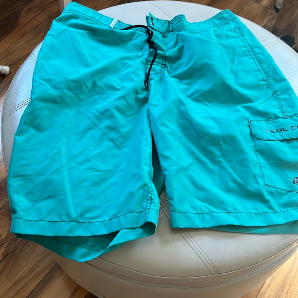Men’s TEAL COVE green swim trunks sz L great condition